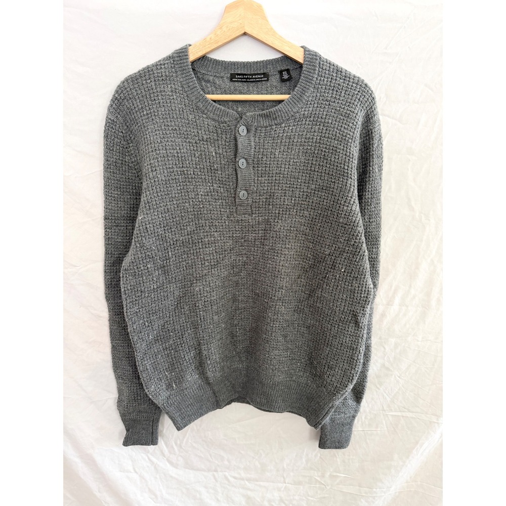 Saks Fifth Avenue Henley Sweater Mens Gray Merino Wool Blend Waffle Knit XL